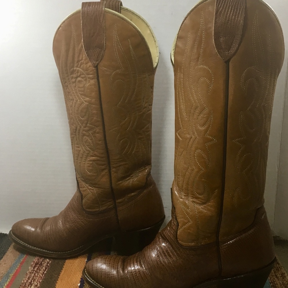 Tall Tan Lizard Embossed Acme Cowgirl Boots 6 1/2 - Picture 3 of 7